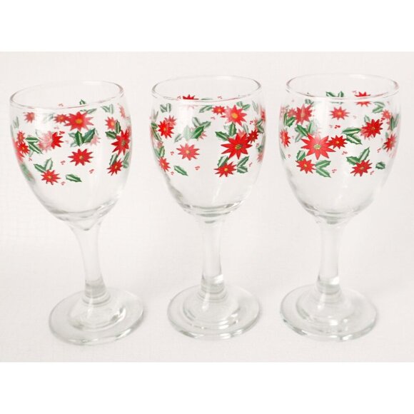 6 Vintage Christmas Wine Glasses Poinsettias Coctail Glass Barware - Picture 4 of 5